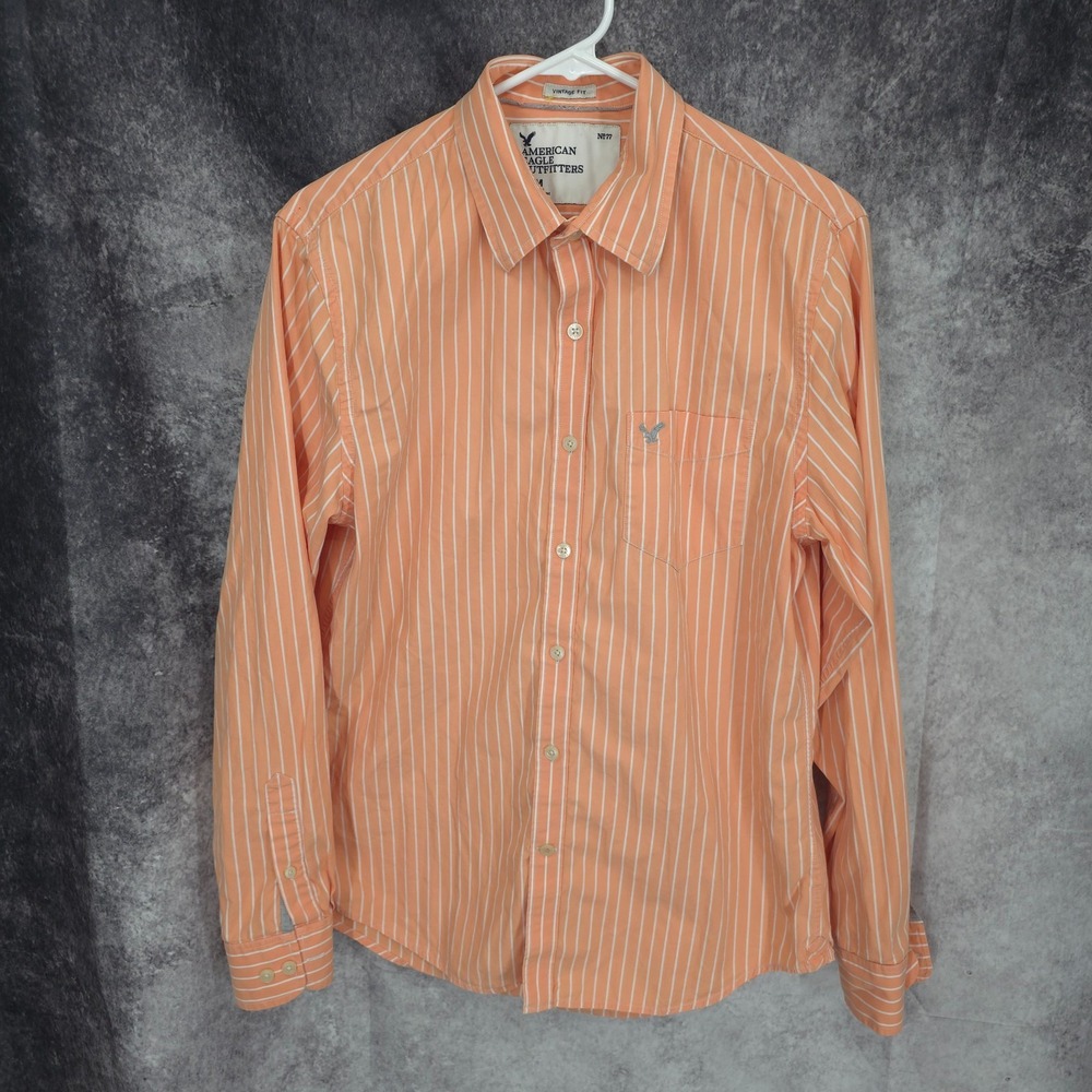 American Eagle Shirt Mens Medium Orange Striped Vintage Fit‎ Preppy Cotton *